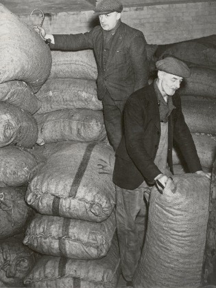 picure of some dockers with sacks and hooks